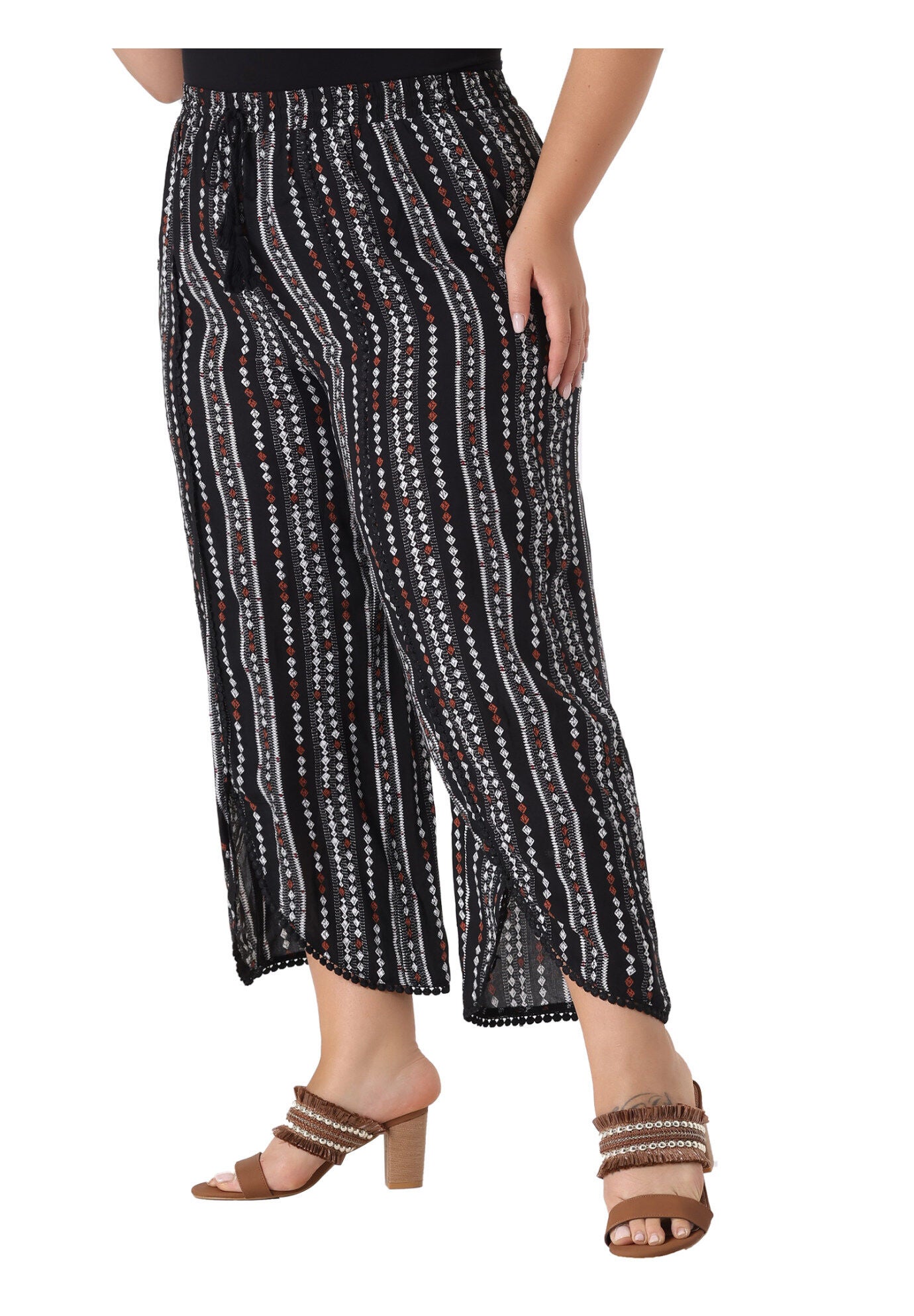 SPLIT ELASTIC WAIST FLOWY STRIPED WIDE LEG PANTS, Black / Black, alternate image number 1