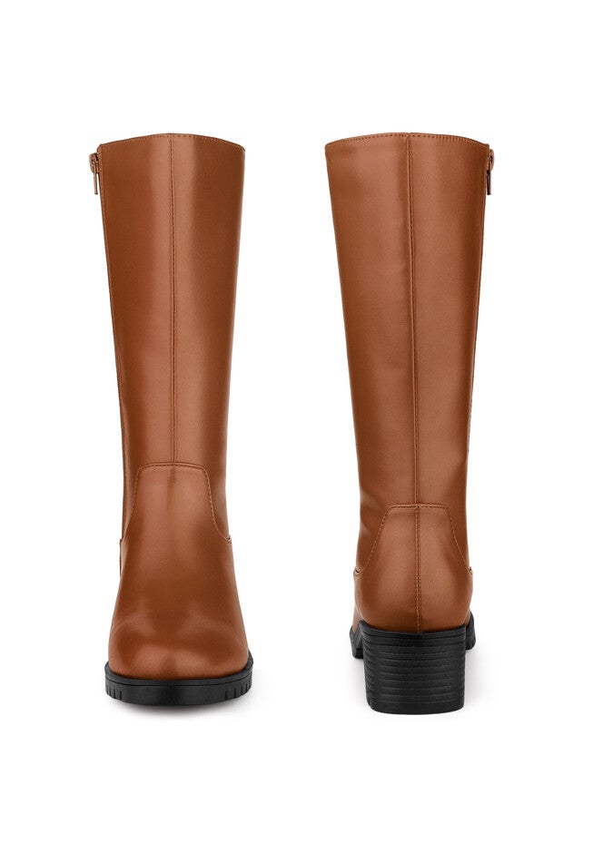 Riding Combat Boot Round Toe Chunky Heels Mid Calf Boots, Brown / Brown, alternate image number 1
