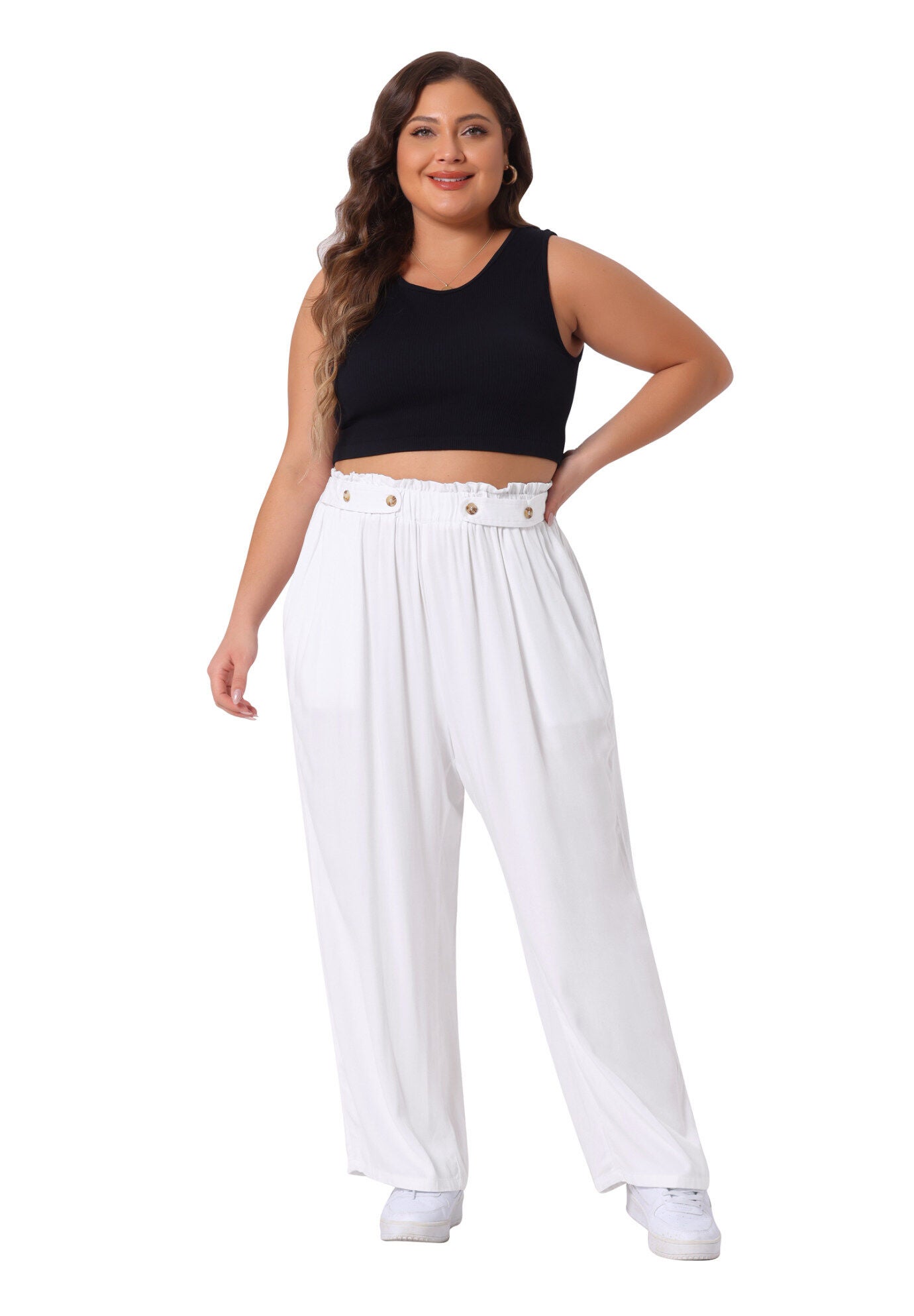 STRETCHY HIGH WAISTED WIDE LEG PALAZZO PANTS, White / White, hi-res image number 0