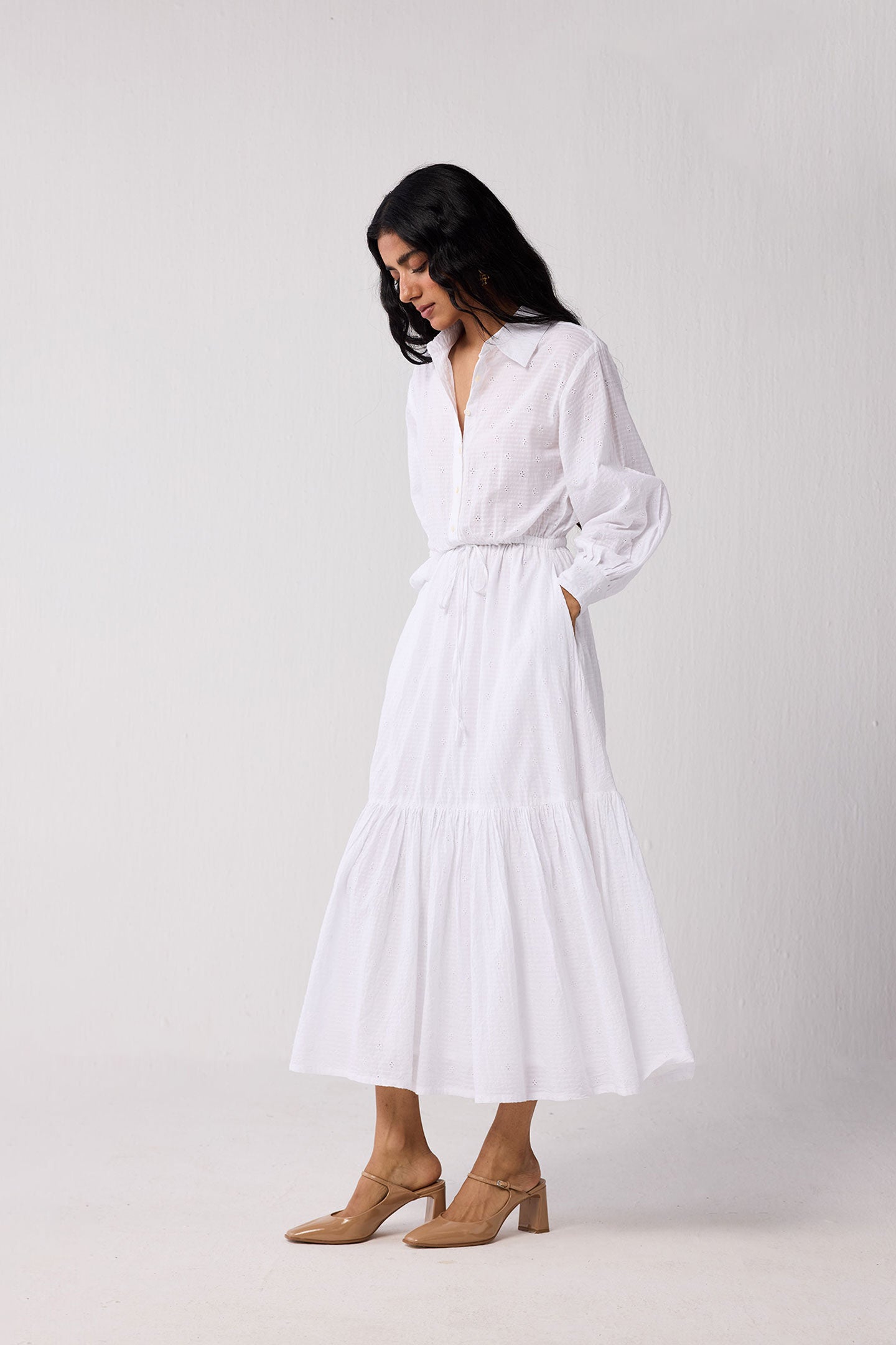 Embroidered Flowy Maxi Tiered Dress in White, Textured Eyelet in White / White, alternate image number 2