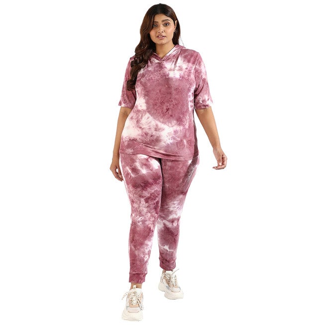 Women Peach Tye-Dye Hooded Co-Ords Set, Pink / Pink, alternate image number 4