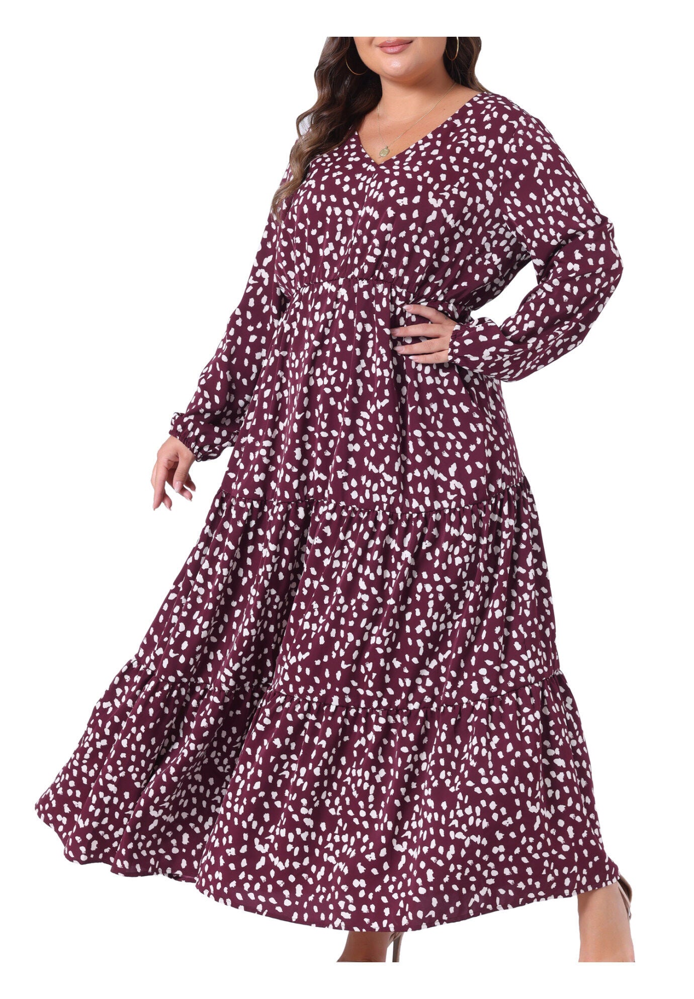Printed Long Maxi Dress Lantern Sleeve Ruffle Hem Flowy Boho Dress, Dark Red / Burgundy, alternate image number 2