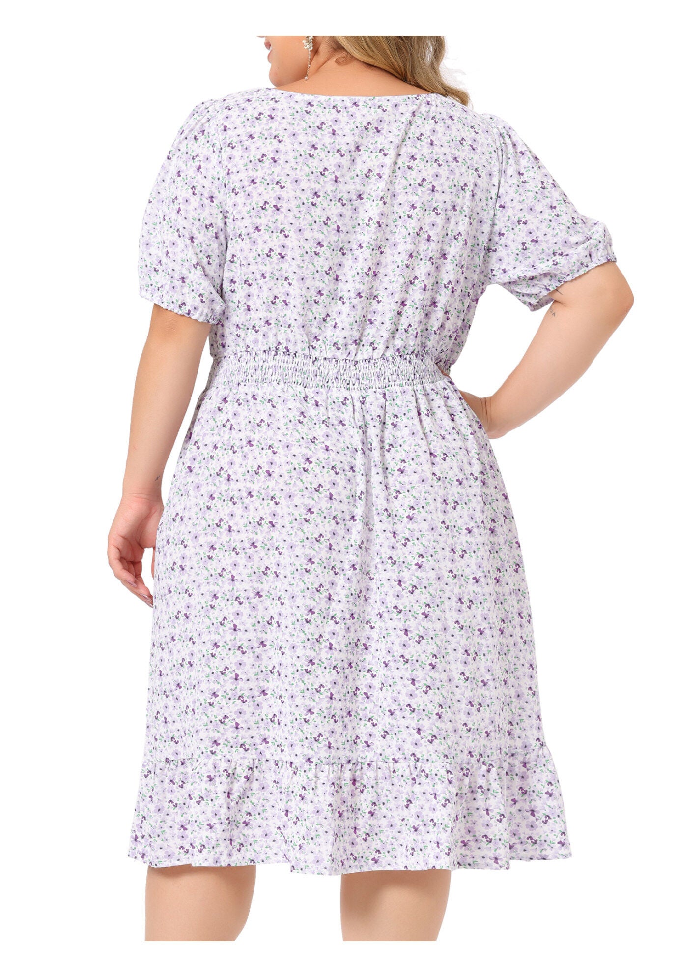 SHORT SLEEVE SQUARE NECK ELASTIC WAIST FLORAL DRESS, Purple / Purple, alternate image number 3