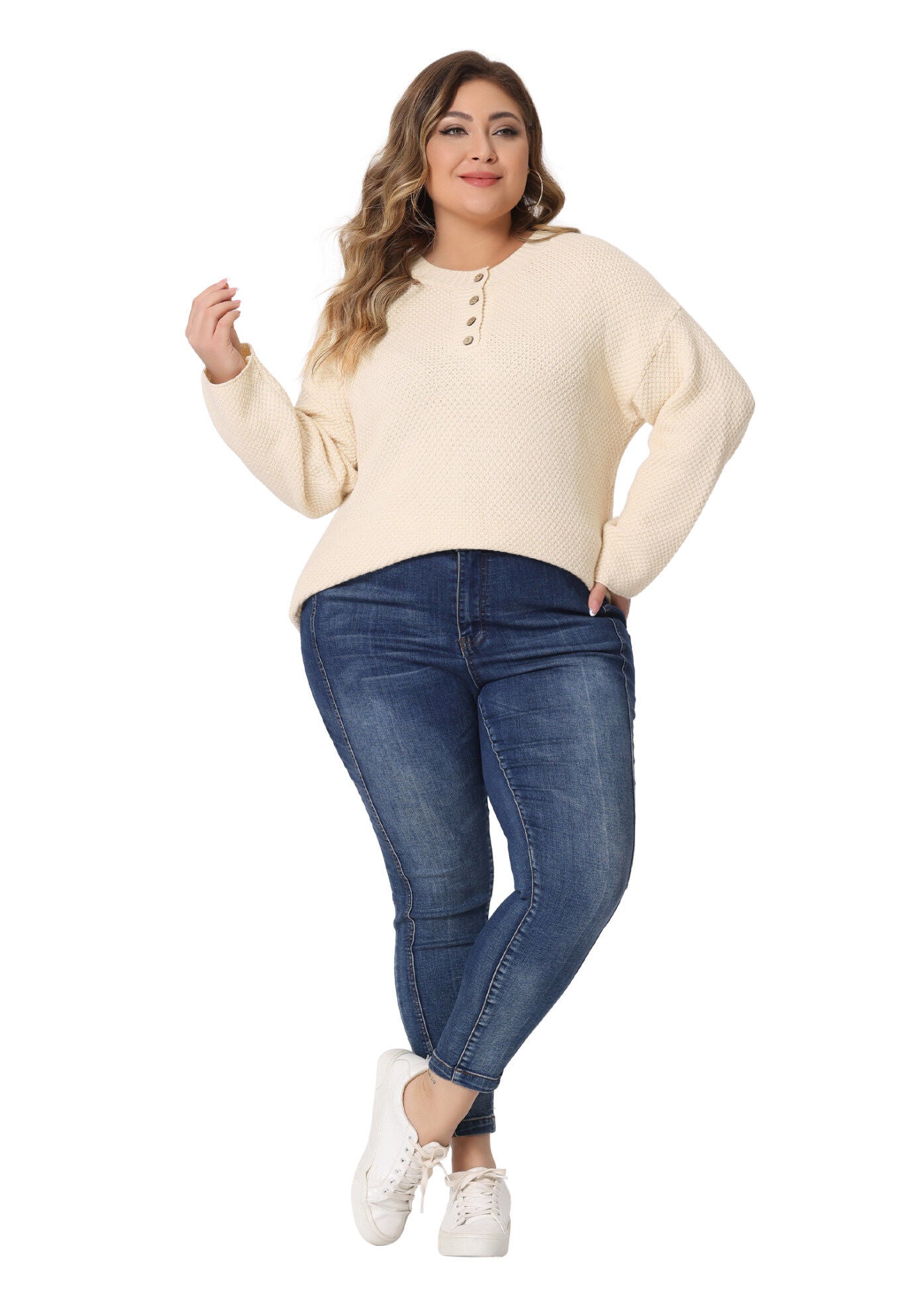 Round Neck Long Sleeve Button Knit Pullover Sweater Top, Beige / Beige, hi-res image number 0