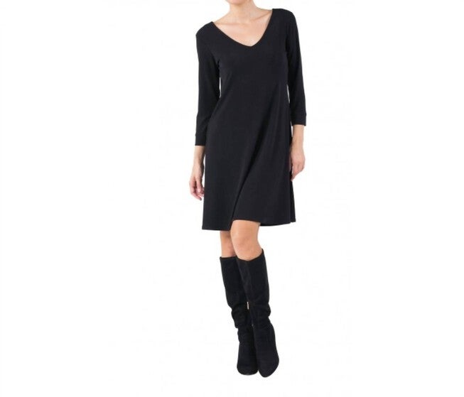 3/4 SLEEVE SCOOP NECK A LINE DRESS IN BLACK, Black / Black, hi-res image number null