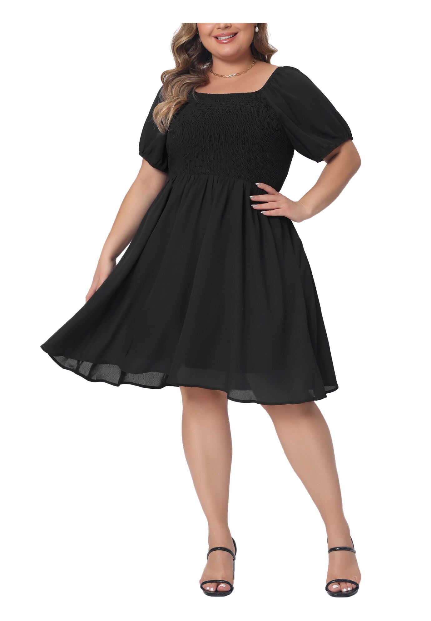 Smocked Square Neck Short Sleeve Stretchy Midi Dress, Black / Black, alternate image number 3