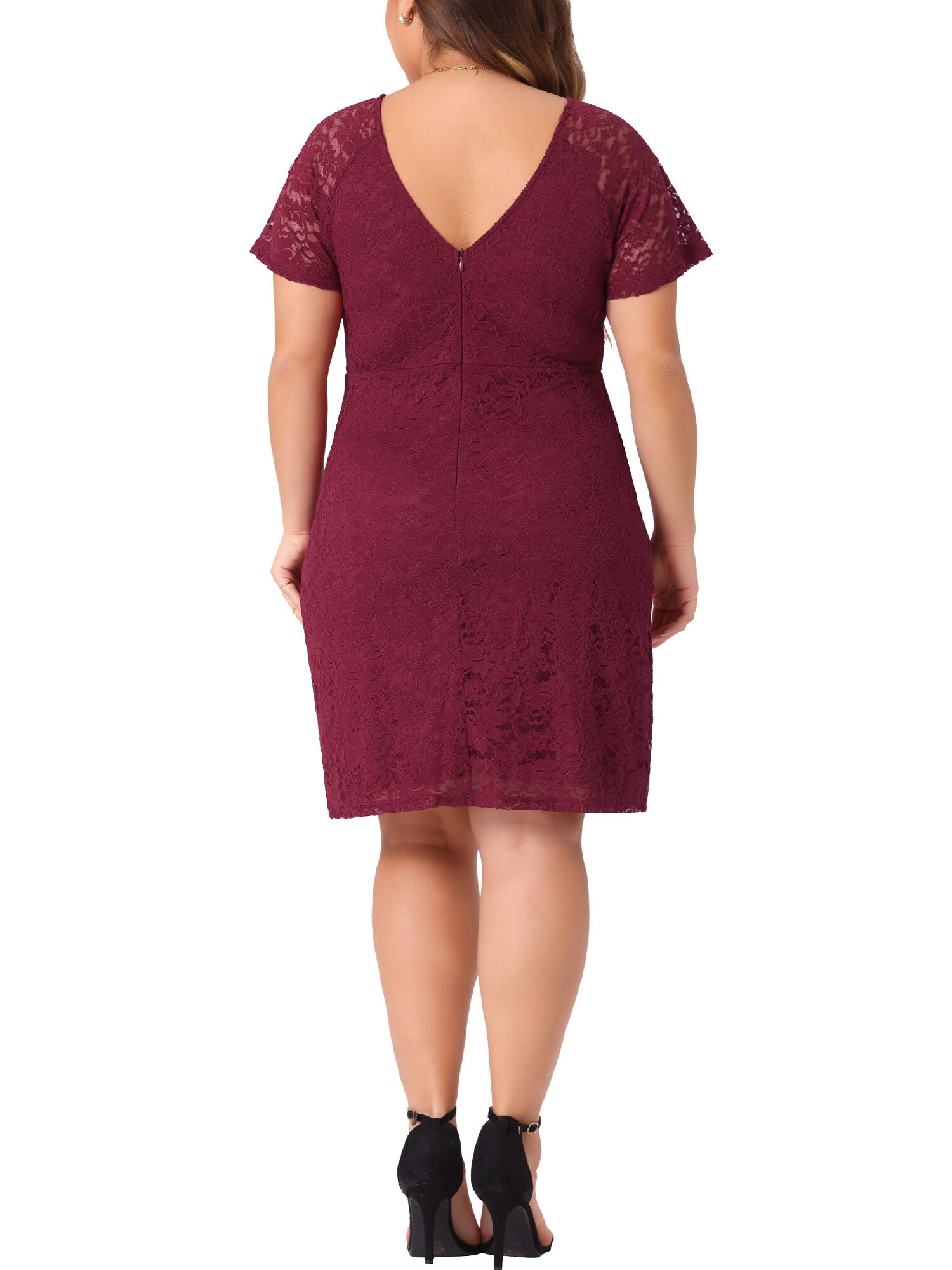 V NECK SHORT SLEEVE COCKTAIL WEDDING GUEST BODYCON LACE PENCIL DRESS, Burgundy / Red, alternate image number 3