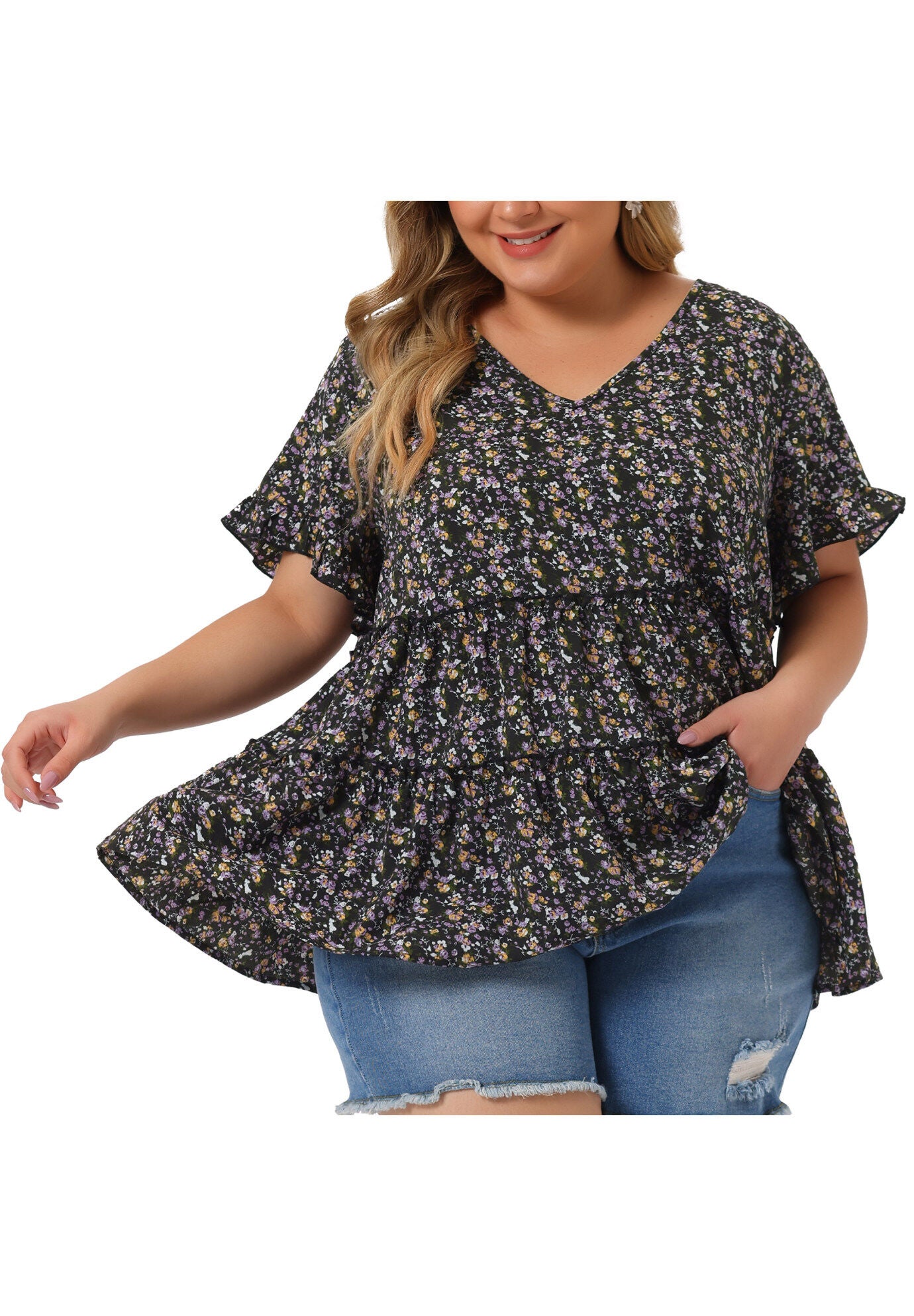 Floral Print V Neck Ruffles Sleeve Tiered Babydoll Blouse, Black Purple / Purple, alternate image number 2