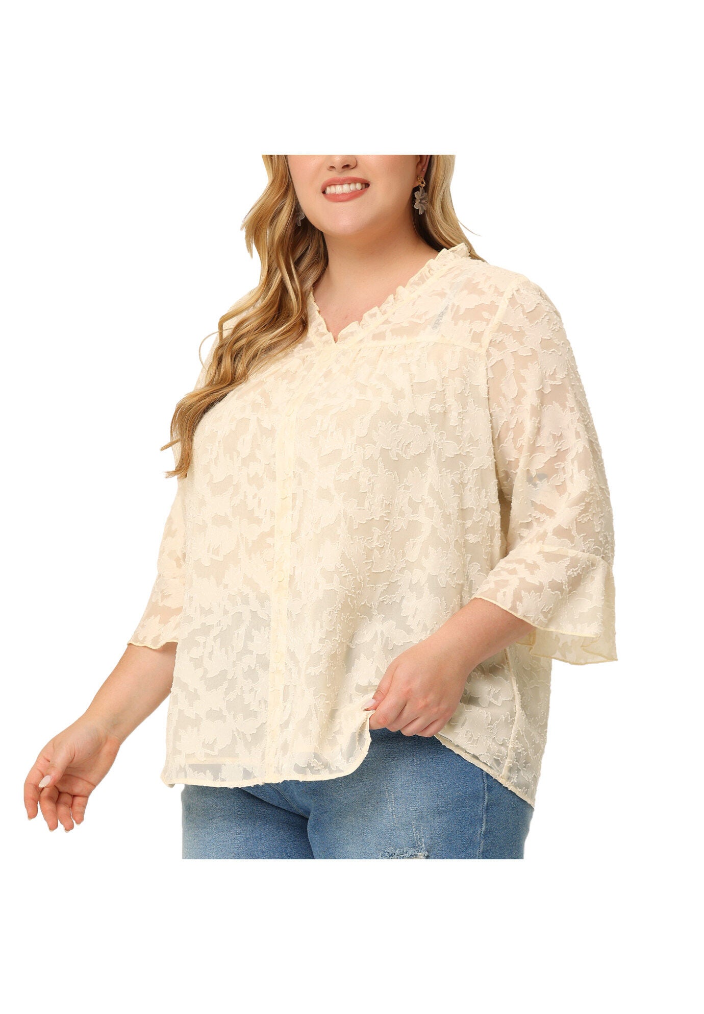 Ruffle V Neck 3/4 Bell Sleeve Semi Sheer Blouse, Apricot / Cream, alternate image number 1