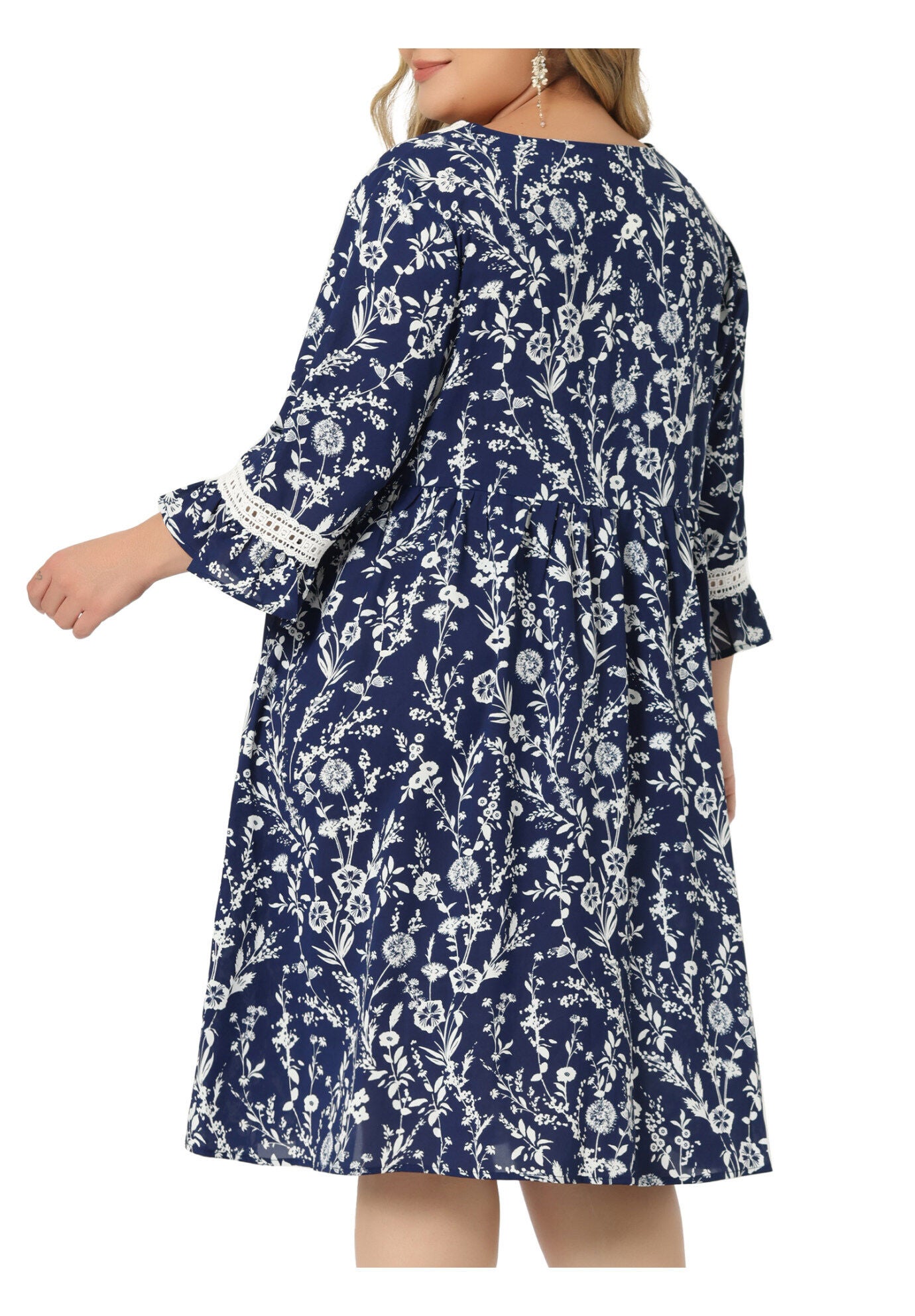 Vintage Lace Floral Ruffle V Neck 3/4 Sleeve Midi Babydoll Dress, Navy Blue / Navy, alternate image number 3