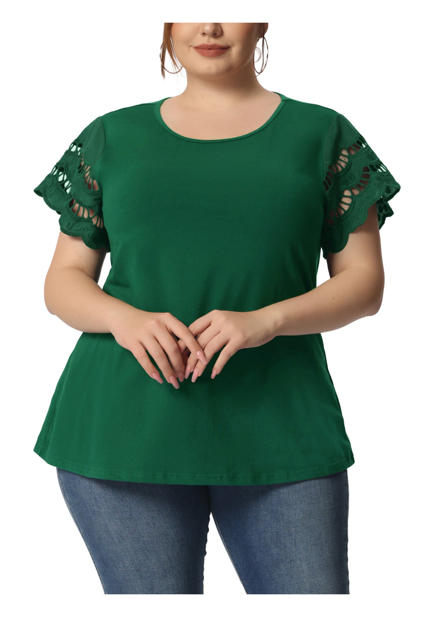Lace Panel Hollow Short Sleeve Summer Blouse, Dark Green / Hunter Green, alternate image number 2
