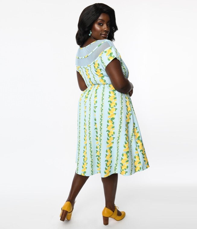 Unique Vintage Plus Size Mint & Lemon Print Flare Dress, , alternate image number null