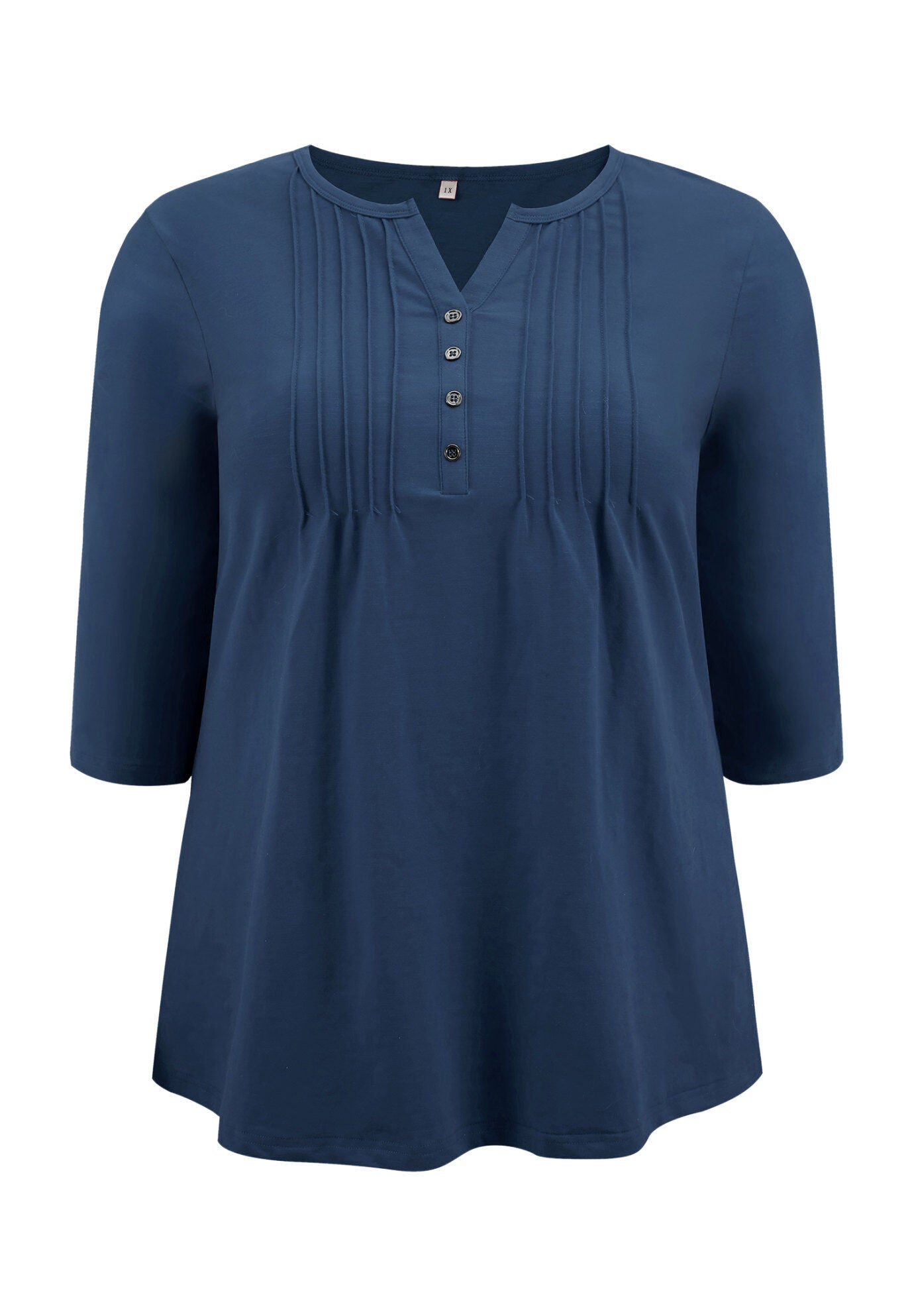 Notched Neck 3/4 Sleeve Front Pleated Button Decor Casual Blouse, Navy Blue / Navy, alternate image number 3