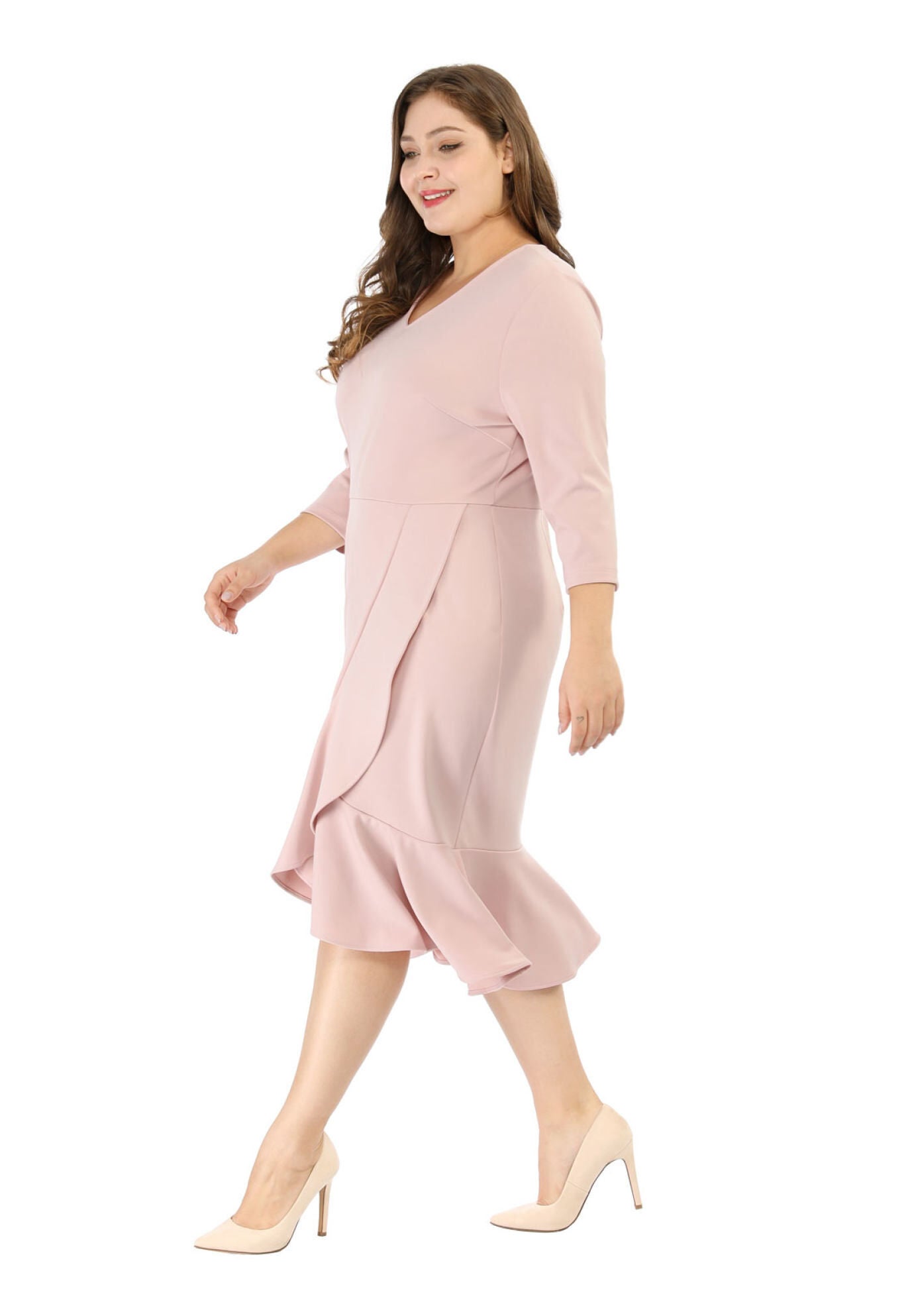 Ruffled 3/4 Sleeve Office Work Cocktail Wrap Dress, Pink / Pink, hi-res image number 0