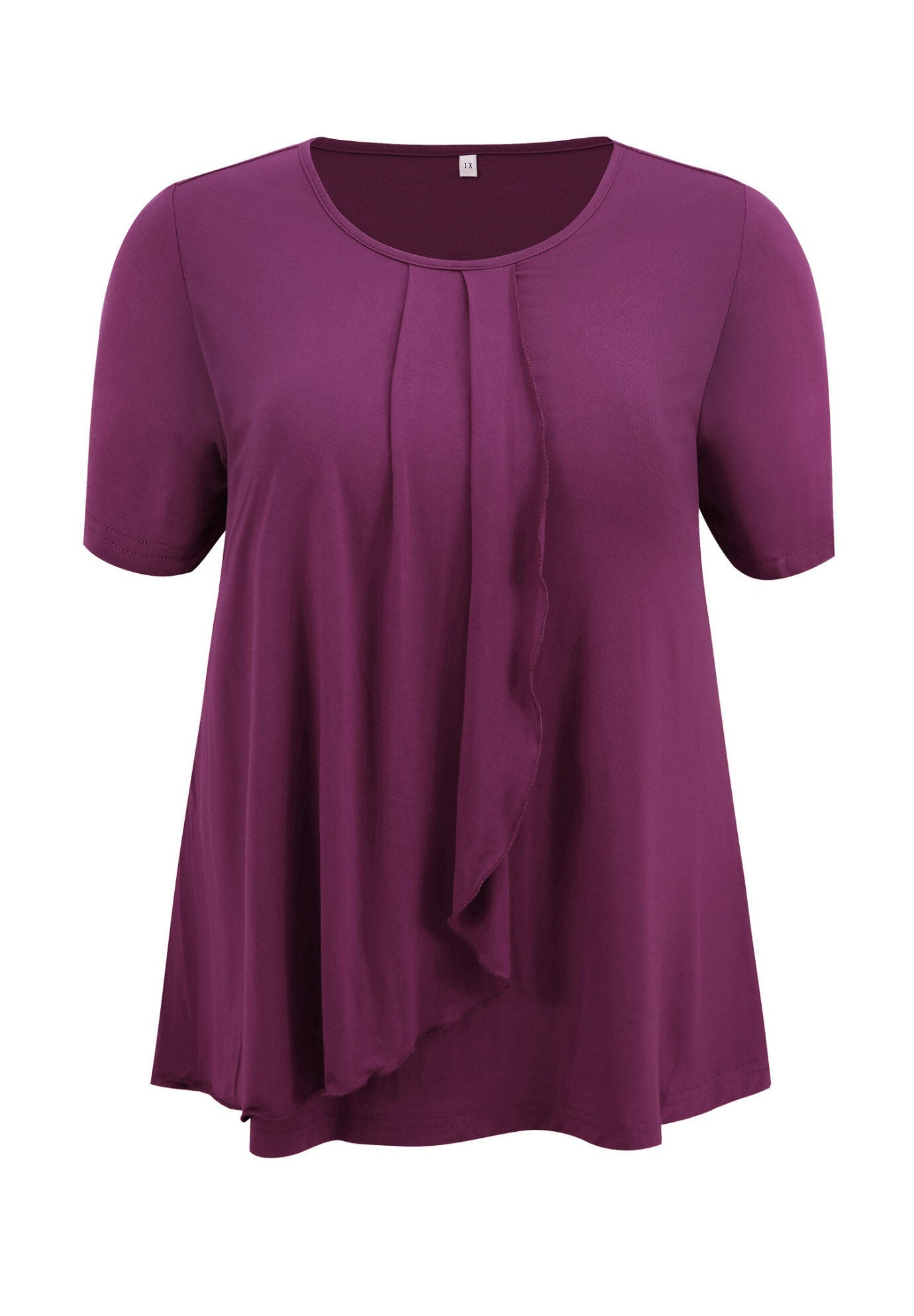 Short Sleeve Pleated Tulip Asymmetry Hem Overlaid Ruffle  Top, Deep Burgundy / Burgundy, alternate image number 3