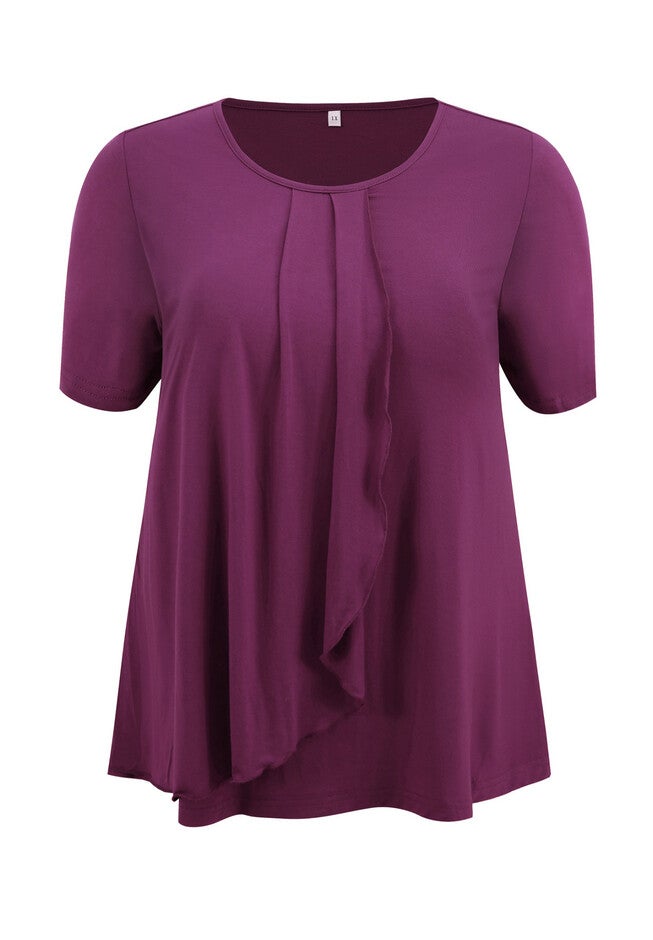 Short Sleeve Pleated Tulip Asymmetry Hem Overlaid Ruffle  Top, Deep Burgundy / Burgundy, alternate image number 3