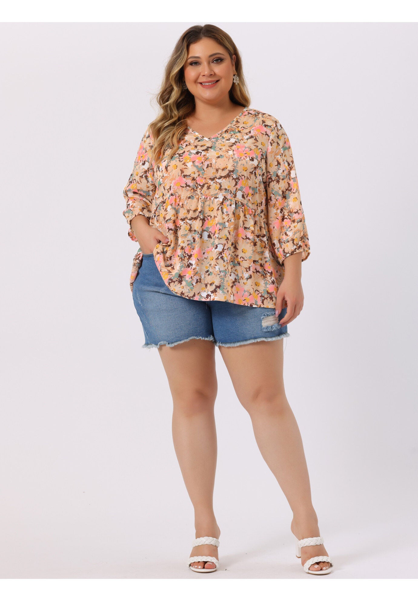 V Neck Babydoll Flowy 3/4 Lantern Sleeve Floral Blouse, Dark Pink / Orange, hi-res image number 0