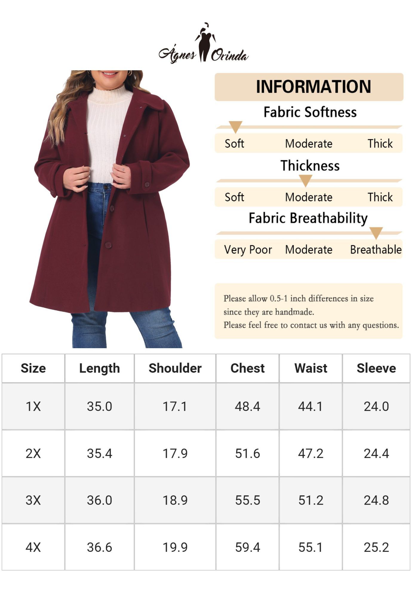 Peter Pan Collar Cuff Single Breasted Trench Long Coat, Burgundy / Red, alternate image number 4