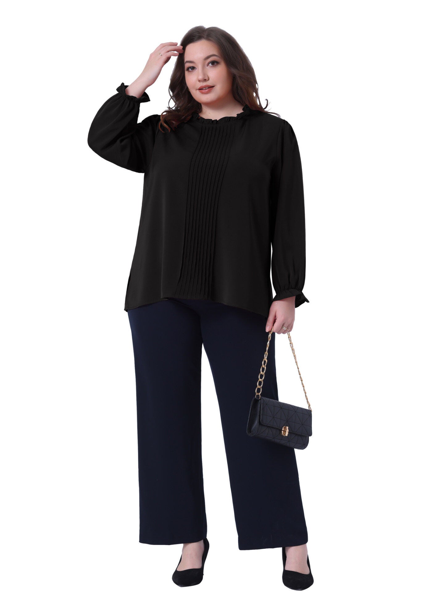 Long Sleeve Ruffle Front Pleated Top Elastic Cuff Blouse, Black / Black, hi-res image number 0