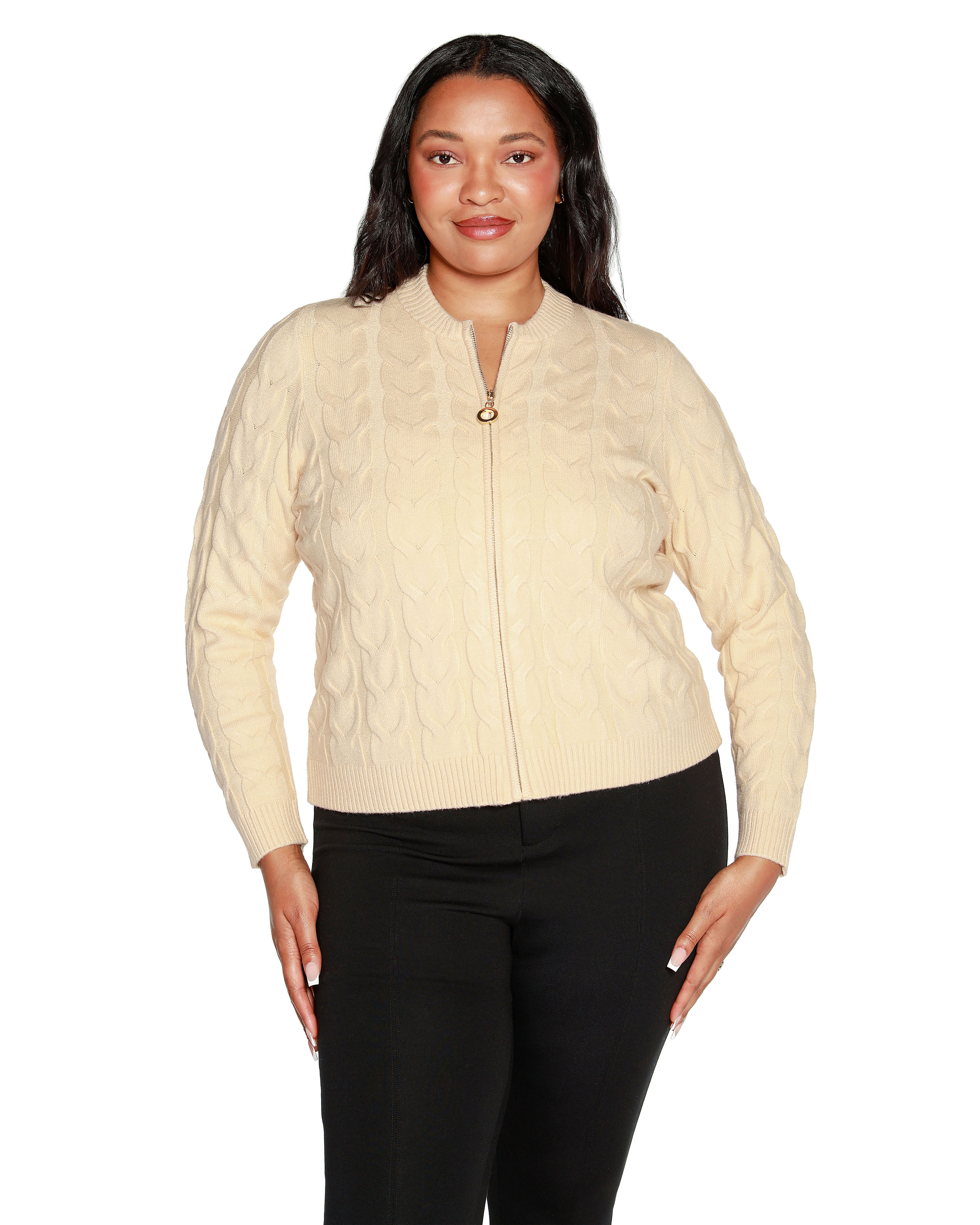 ZIP CABLE SWEATER, Cream / Cream, hi-res image number 0