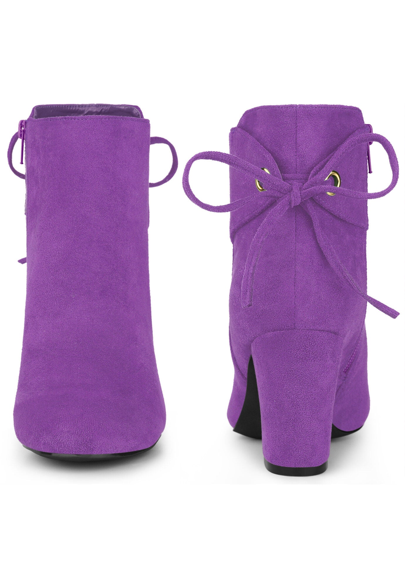 Round Toe Lace Up Back Chunky High Heels Ankle Boots, Purple / Purple, alternate image number 1