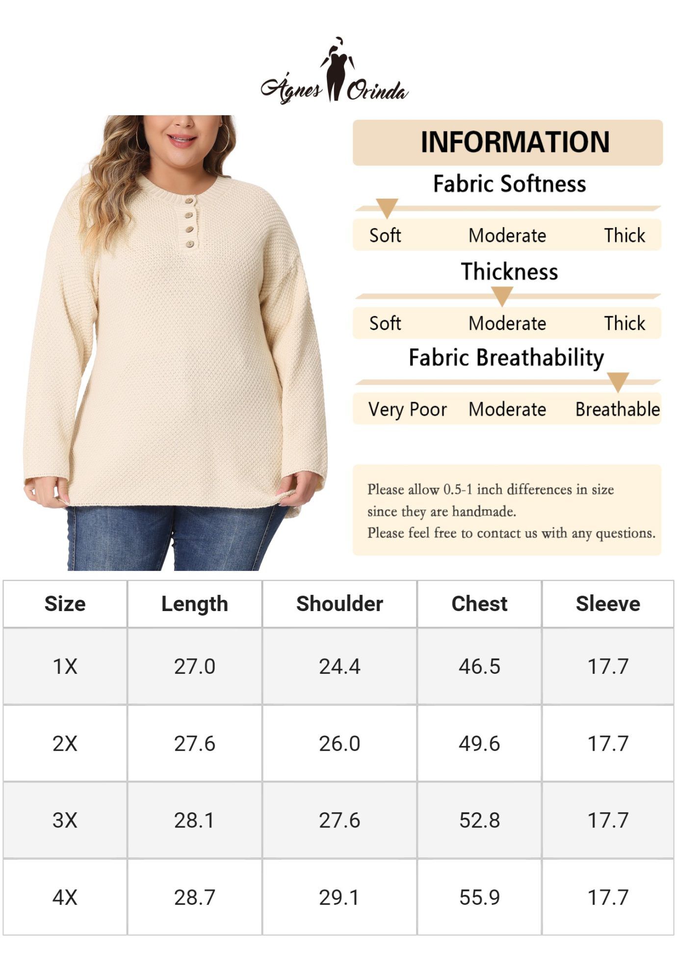 Round Neck Long Sleeve Button Knit Pullover Sweater Top, Beige / Beige, alternate image number 4