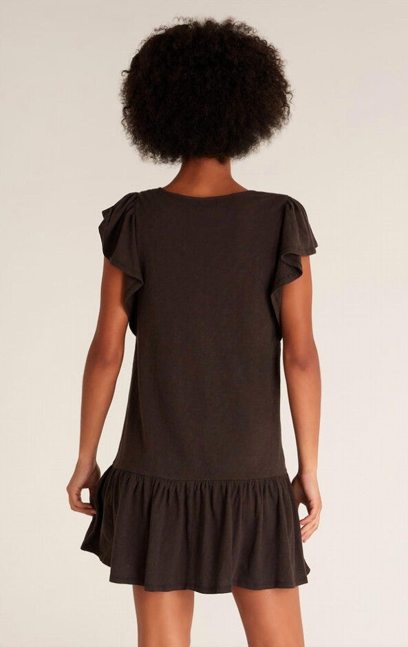 FLUTTER SLUB MINI DRESS IN VINTAGE BLACK, Vintage Black / Black, alternate image number null