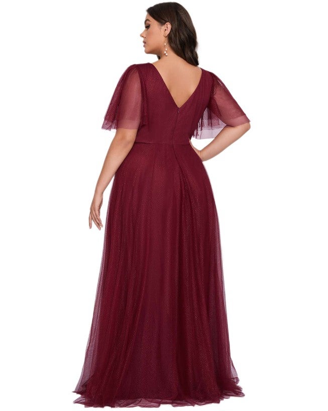 V Neck Tulle Formal Evening Dress with Ruffle Sleeves, Burgundy / Burgundy, alternate image number 1