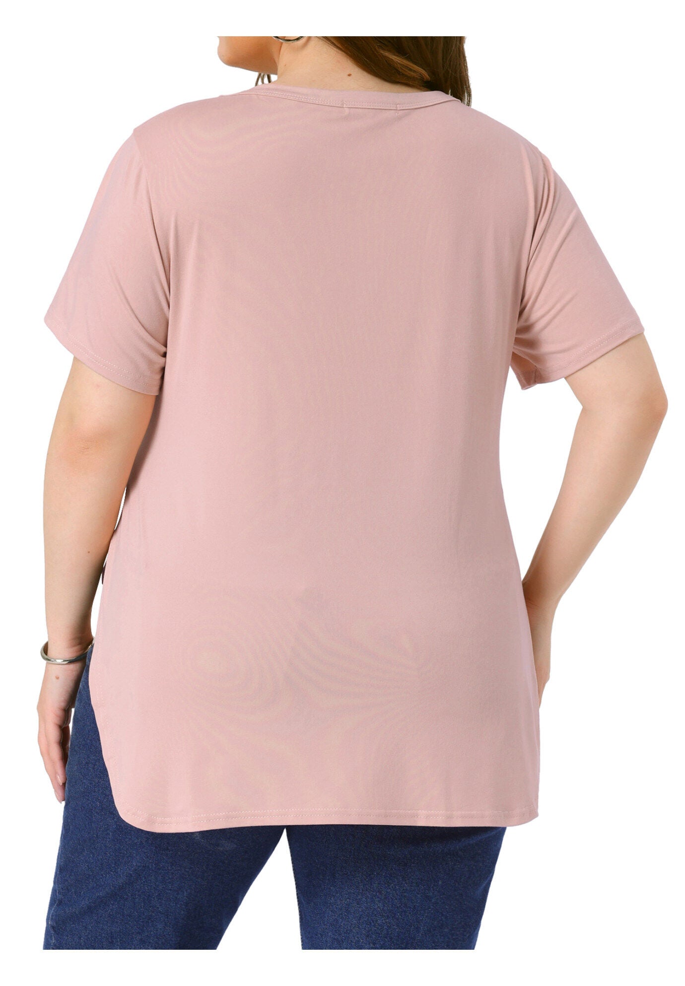 Short Sleeve Round Neck Side Split Hem T-Shirts, Pink / Pink, alternate image number 3