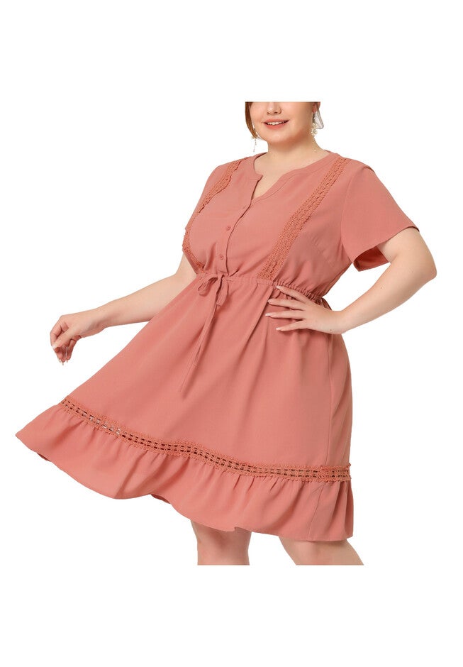 Button V Neck Summer Midi Ruffle A Line Swing Dress, Pink / Pink, alternate image number 1