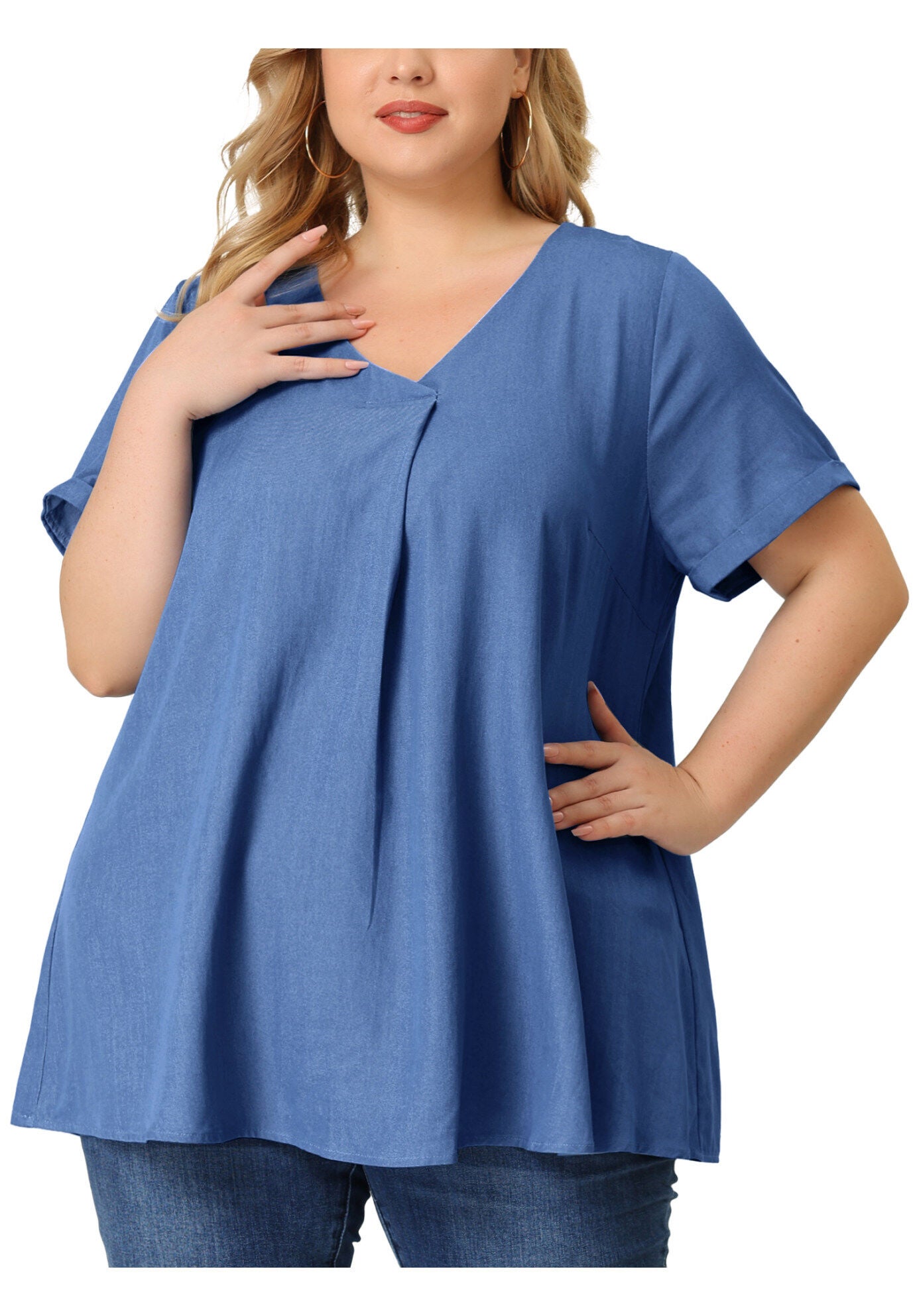 Chambray Pleat Front V Neck Short Sleeve Blouse Top, Blue / Cornflower Blue, alternate image number 1