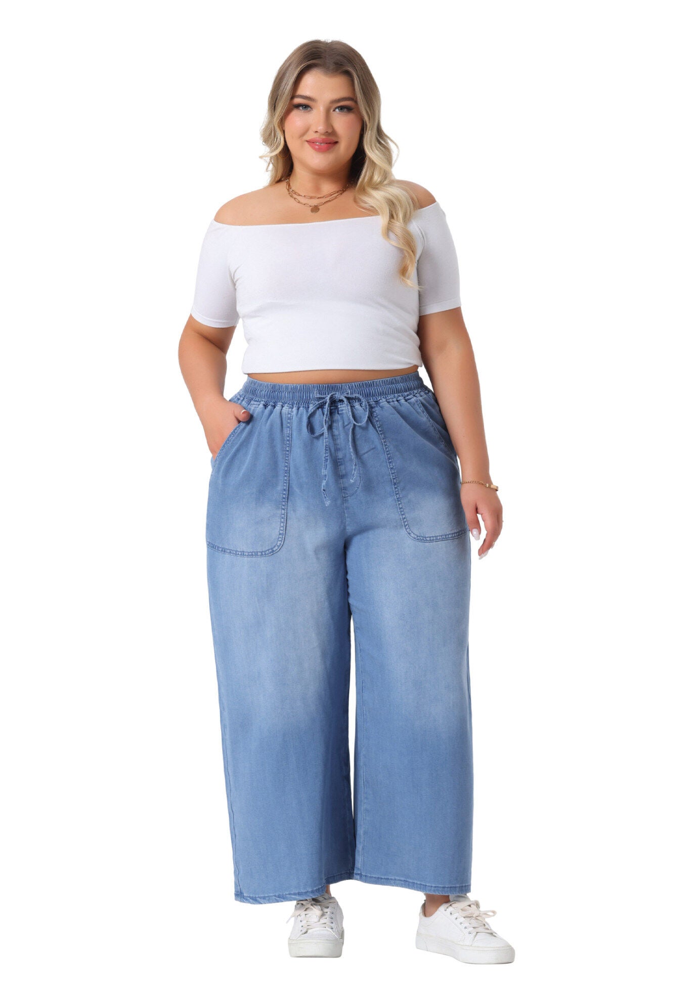 Drawstring Waist Wide Leg Chambray Palazzo Pants, Light Blue / Dusty Blue, hi-res image number 0