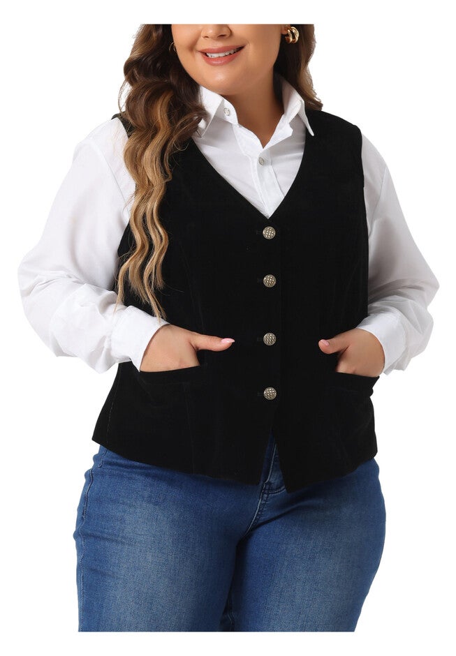 Velvet Button Down V Neck Suit Vest Waistcoat, Black / Black, alternate image number 1