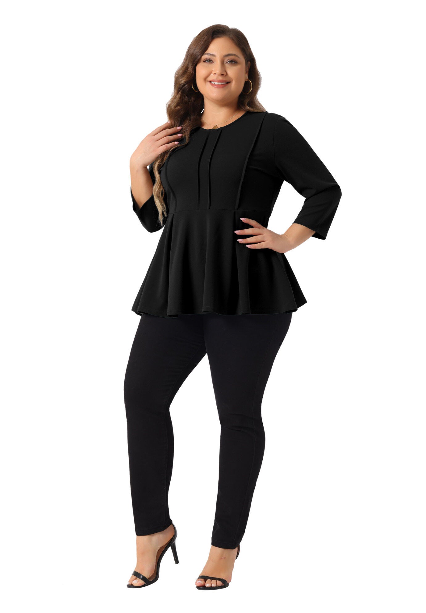Crew Neck 3/4 Sleeve Peplum Top, Black / Black, hi-res image number 0