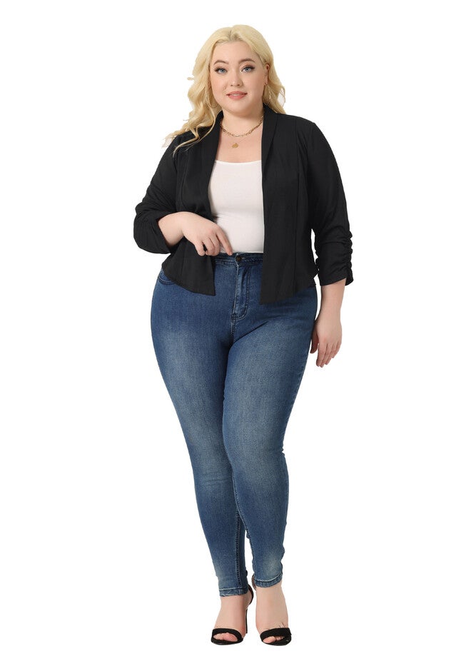 3/4 RUCHED SLEEVE LIGHTWEIGHT BLAZER JACKET, Black / Black, hi-res image number 0