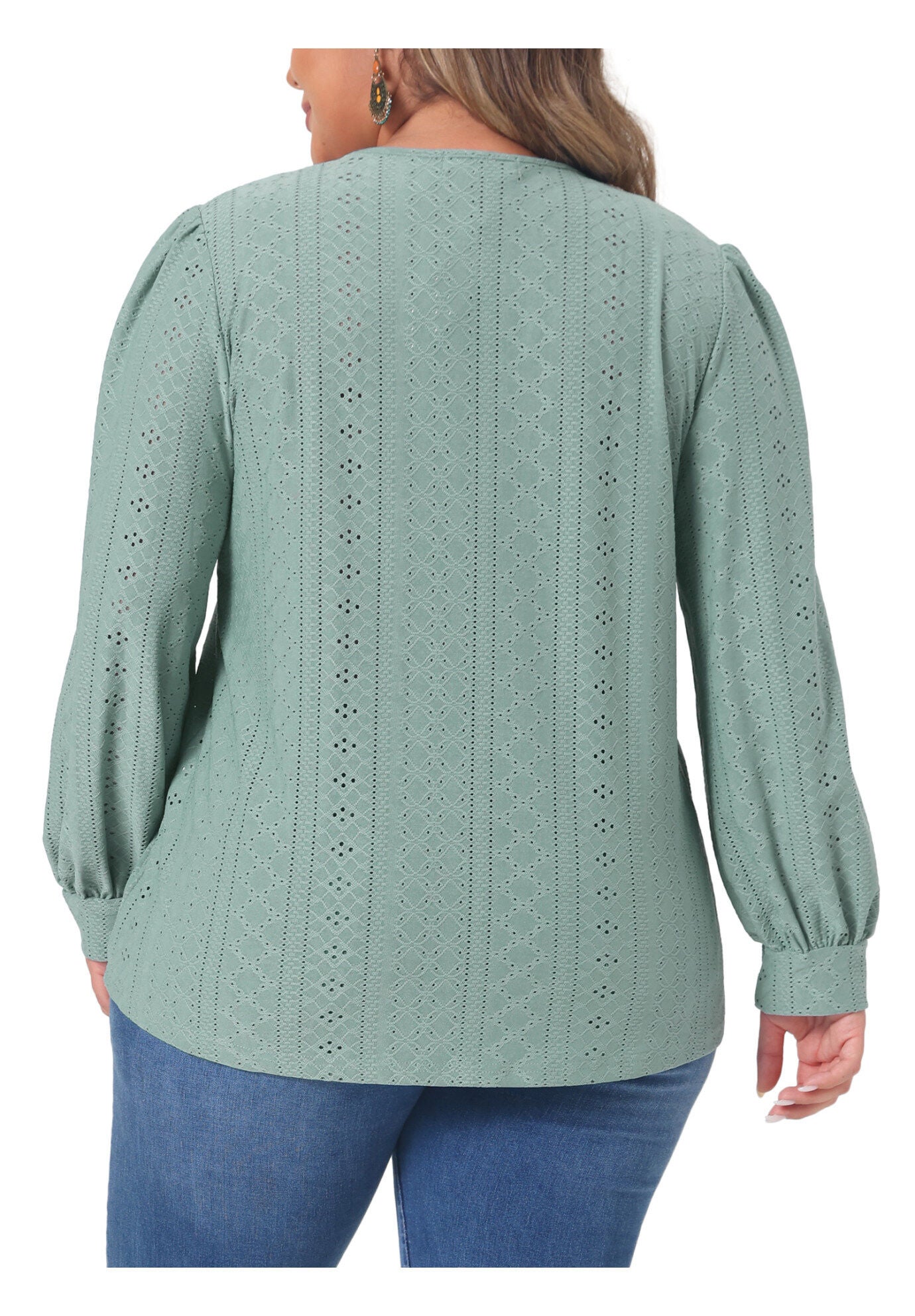 Lace V Neck Petal Long Sleeve Blouse Eyelet Hollow Top, Green / Mint, alternate image number 3