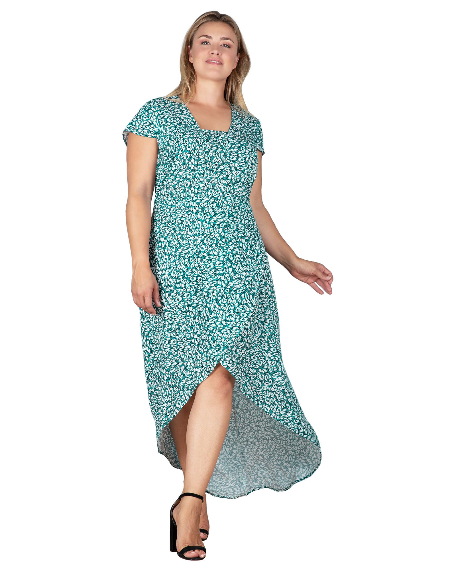 Standards & Practices Cap Sleeve High-Low Tulip Dress, GREENLEOPARD / Hunter Green, alternate image number 3