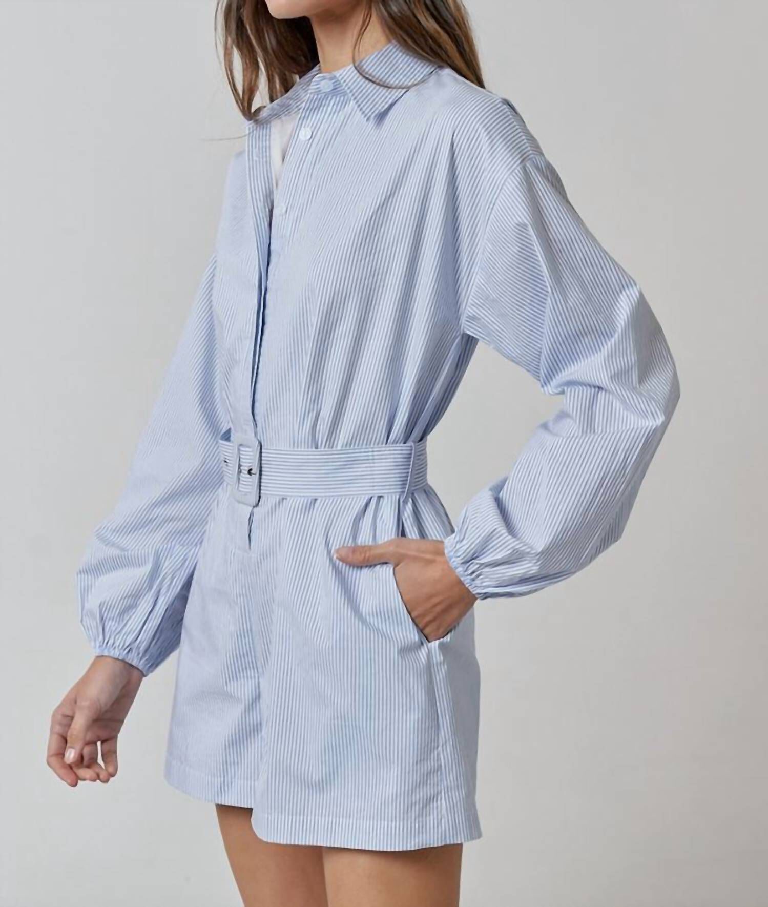 STRIPE BELTED ROMPER, Blue Striped / Azure Blue, alternate image number 1