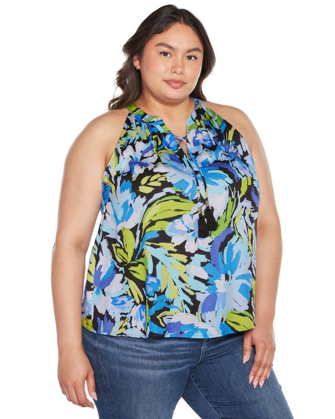 Plus Size Abstract Floral Tie-Neck Sleeveless Top, Blue Combo / Azure Blue, alternate image number null