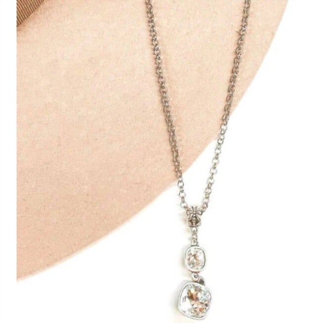 DOUBLE CLEAR CUSHION CUT DROP PENDANT NECKLACE IN SILVER, Silver / Silver, alternate image number null