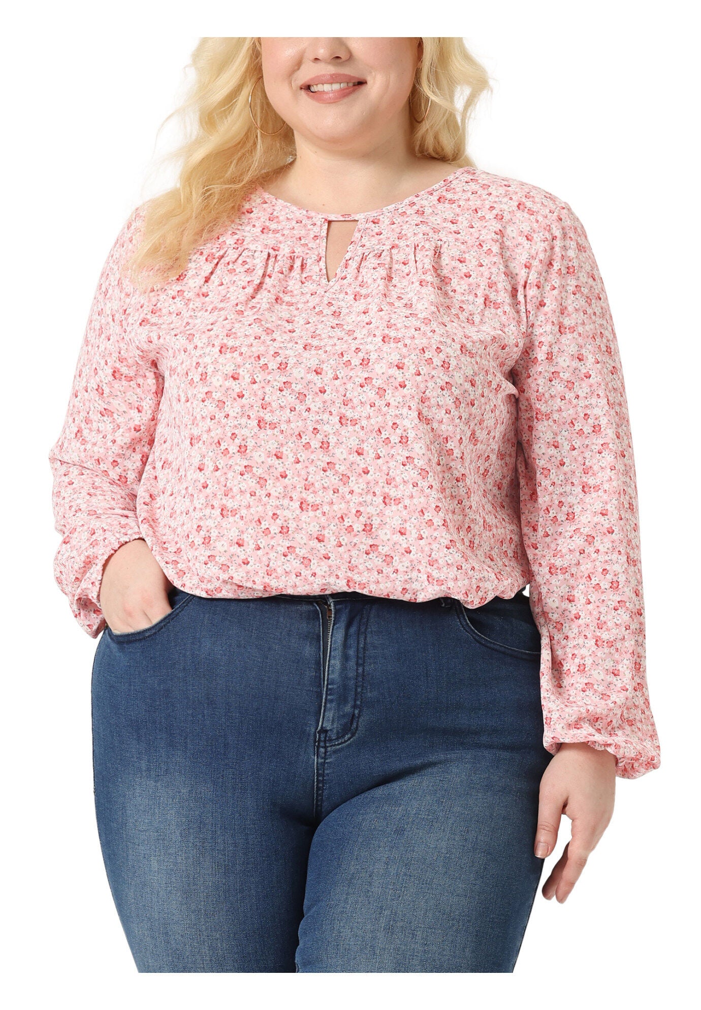Chiffon Long Sleeve Keyhole Blouse Floral Top, Pink / Pink, alternate image number 1