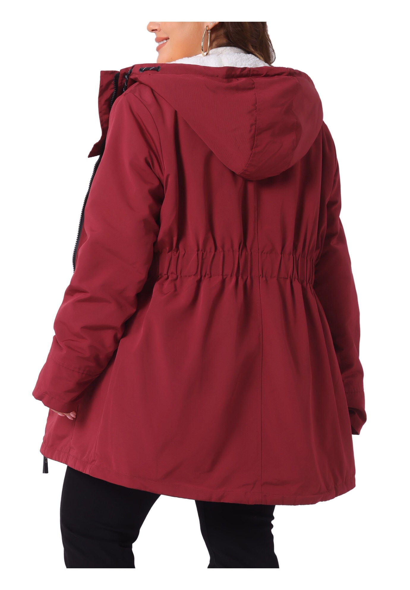 Faux Lamb Fur Leather Button Down Hoodie Parka Coat, Burgundy / Red, alternate image number 3