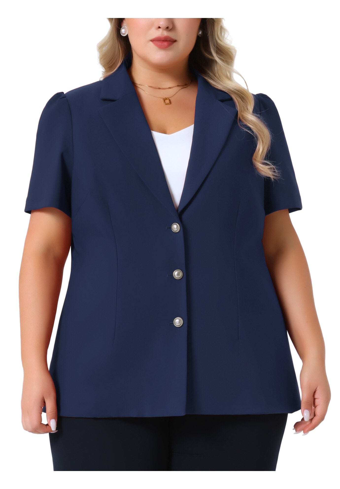 Notched Lapel Short Puff Sleeve Blazer Jackets, Navy Blue / Navy, alternate image number 4