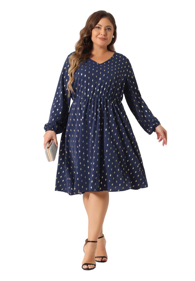 V Neck Long Sleeve with Pocket Gilding Metallic Dress, Dark Blue / Navy, hi-res image number 0