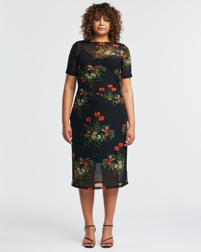 Bouquet Black Floral Mesh Dress, Print / Black, hi-res image number 0