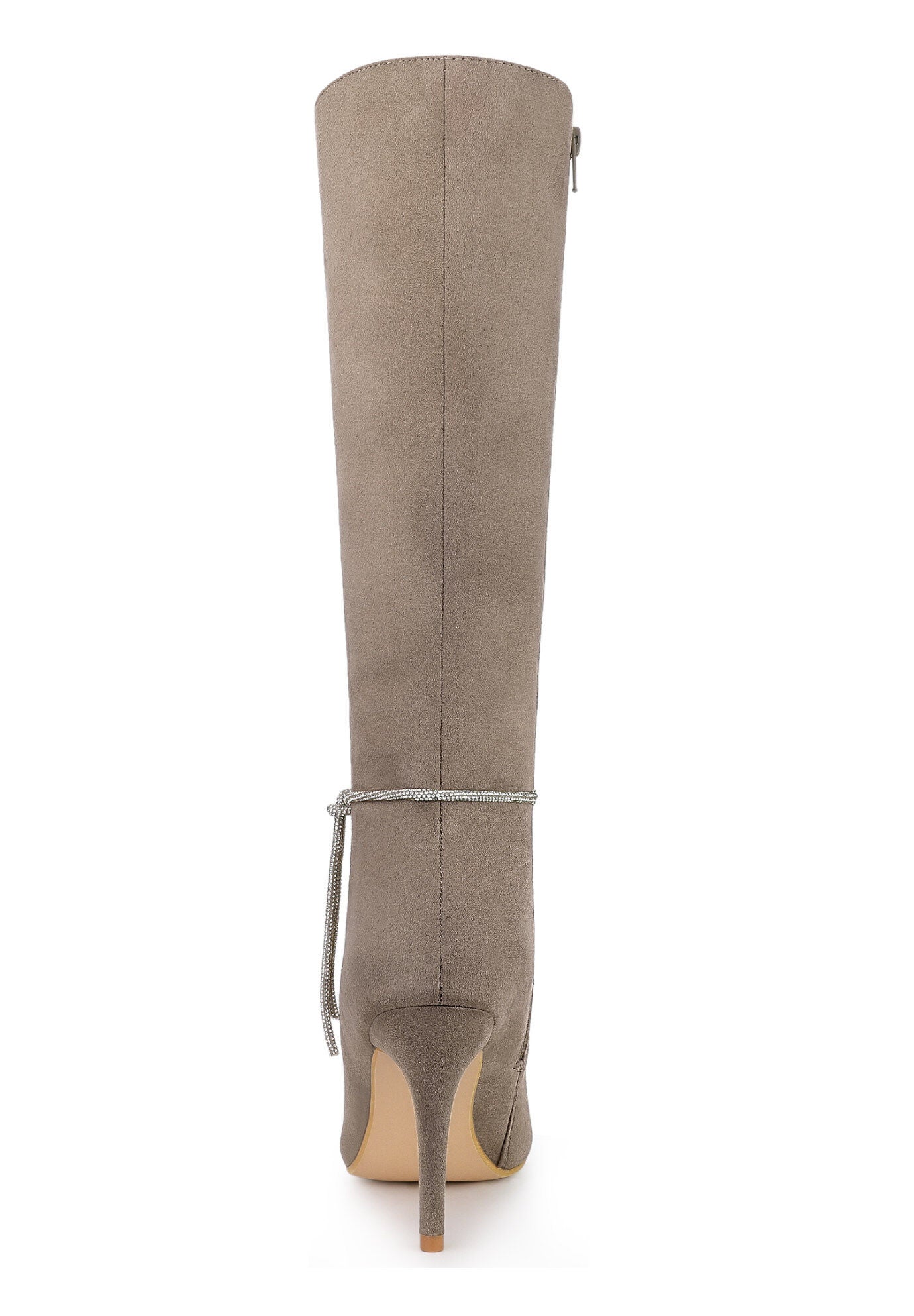 Rhinestone Chain Pointed Toe Stiletto Heels Knee High Boots, Taupe / Taupe, alternate image number 2
