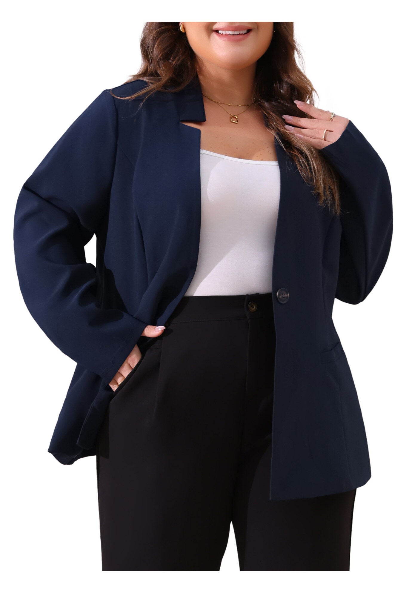 OFFICE WORK BUTTON LONG SLEEVE BLACK BLAZER, Navy Blue / Navy, alternate image number 2