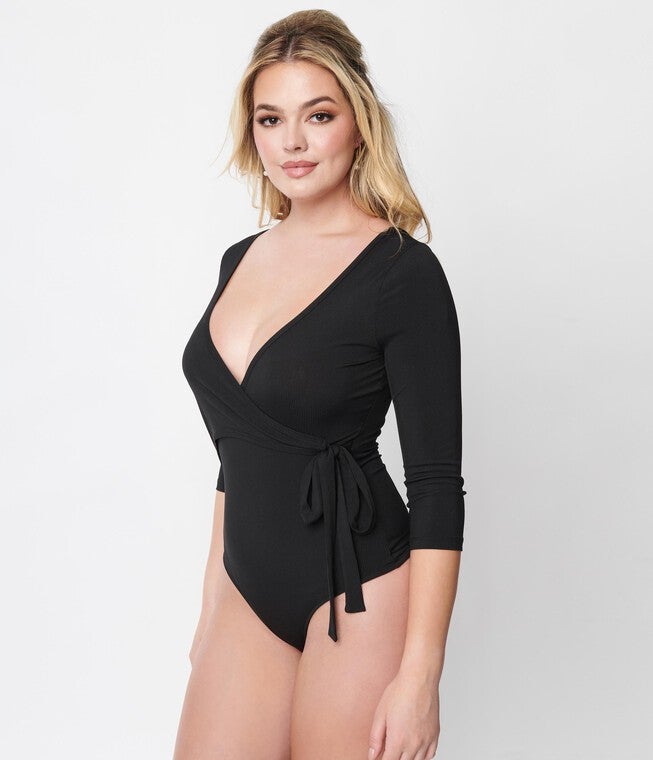 Unique Vintage Black Ribbed Surplice Bodysuit, Black / Black, alternate image number null