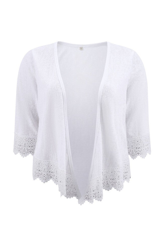 Open Front Cover Up Lace Trim Waterfall Shrug 3/4 Sleeve High Low Hem Knit Cardigans, White / White, alternate image number 3