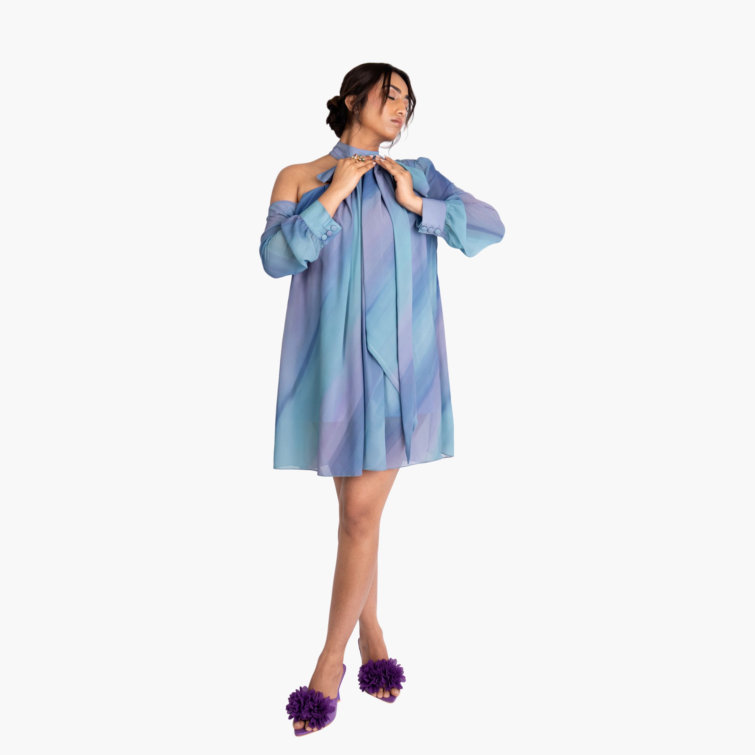 Bow Tie Printed Mini Dress, Azure / Azure Blue, alternate image number 3